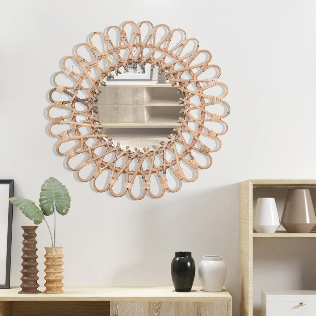 Rattan Round Mirror,Rattan Wall-Mounted Mirrors,Creative Art Deco Round Mirror Living Room Wall Hanging Mirror Bathroom Toilet