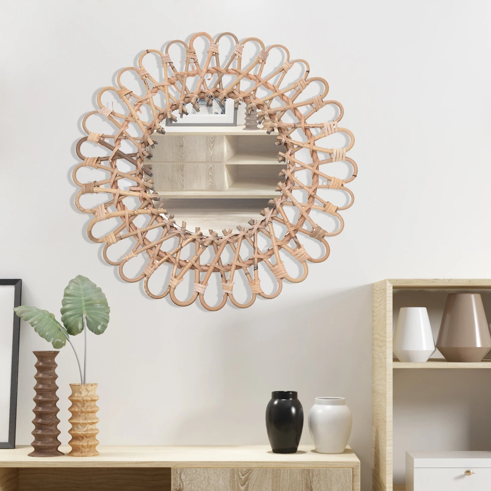 Rattan Round Mirror,Rattan Wall-Mounted Mirrors,Creative Art Deco Round Mirror Living Room Wall Hanging Mirror Bathroom Toilet
