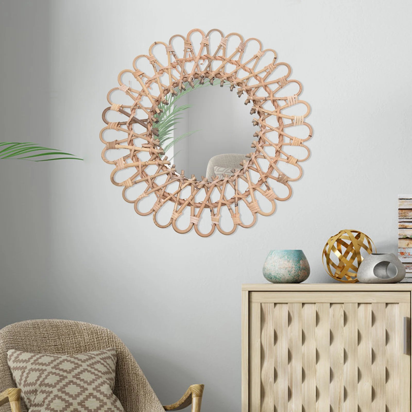 Rattan Round Mirror,Rattan Wall-Mounted Mirrors,Creative Art Deco Round Mirror Living Room Wall Hanging Mirror Bathroom Toilet