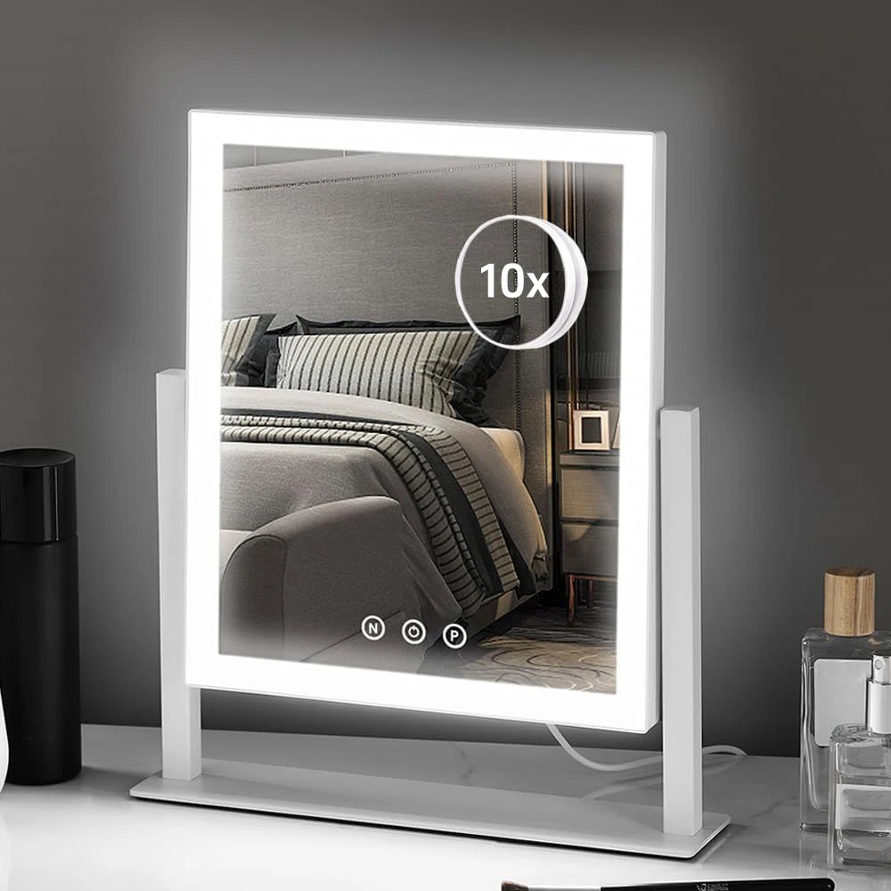 Hollywood Vanity Mirror with 10X Magnifier, 3-Color Lighting Dimmable Lighted Makeup Mirror with Smart Touch and 360° Rotation