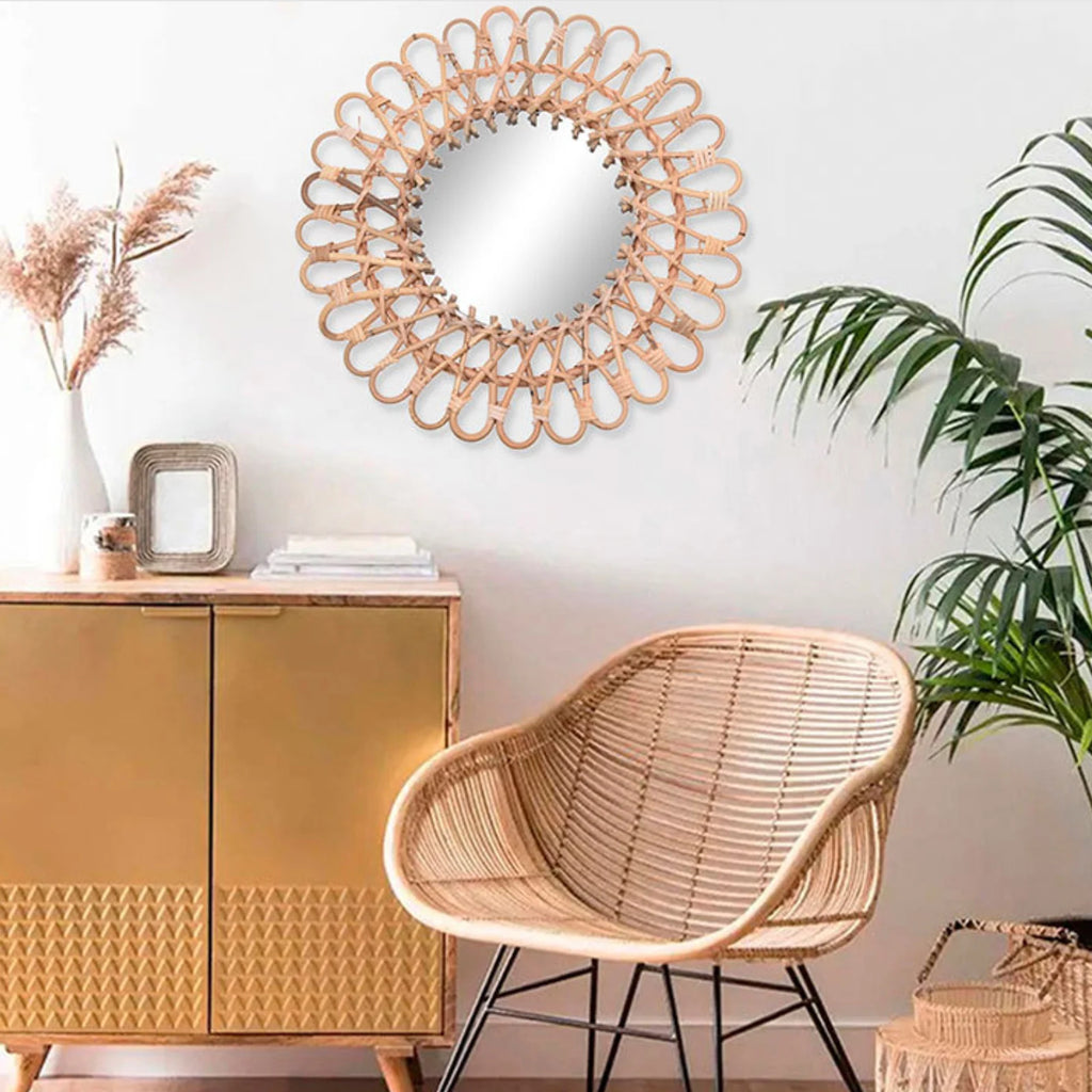 Rattan Round Mirror,Rattan Wall-Mounted Mirrors,Creative Art Deco Round Mirror Living Room Wall Hanging Mirror Bathroom Toilet